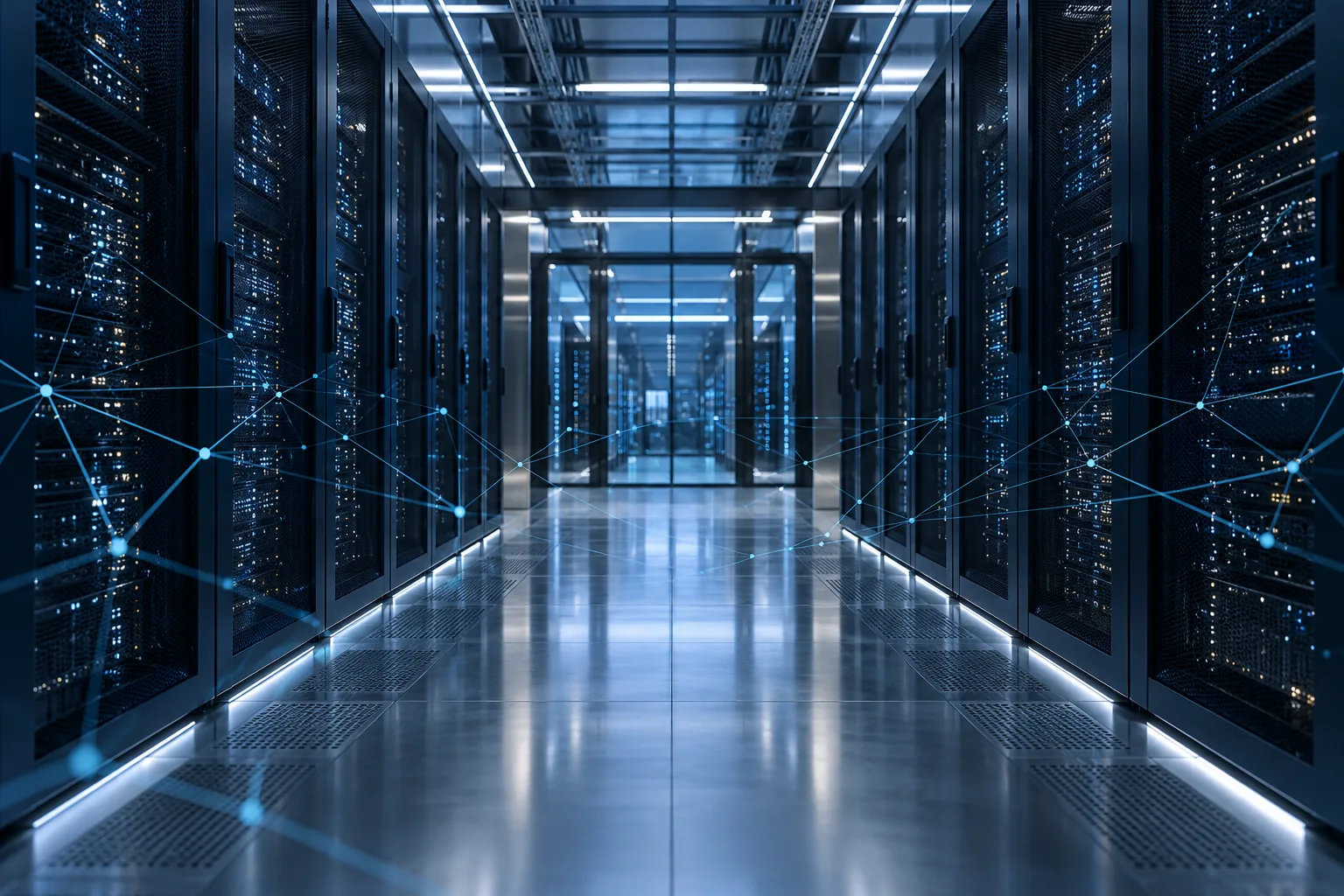 Architectural view of enterprise server infrastructure with a conceptual network overlay